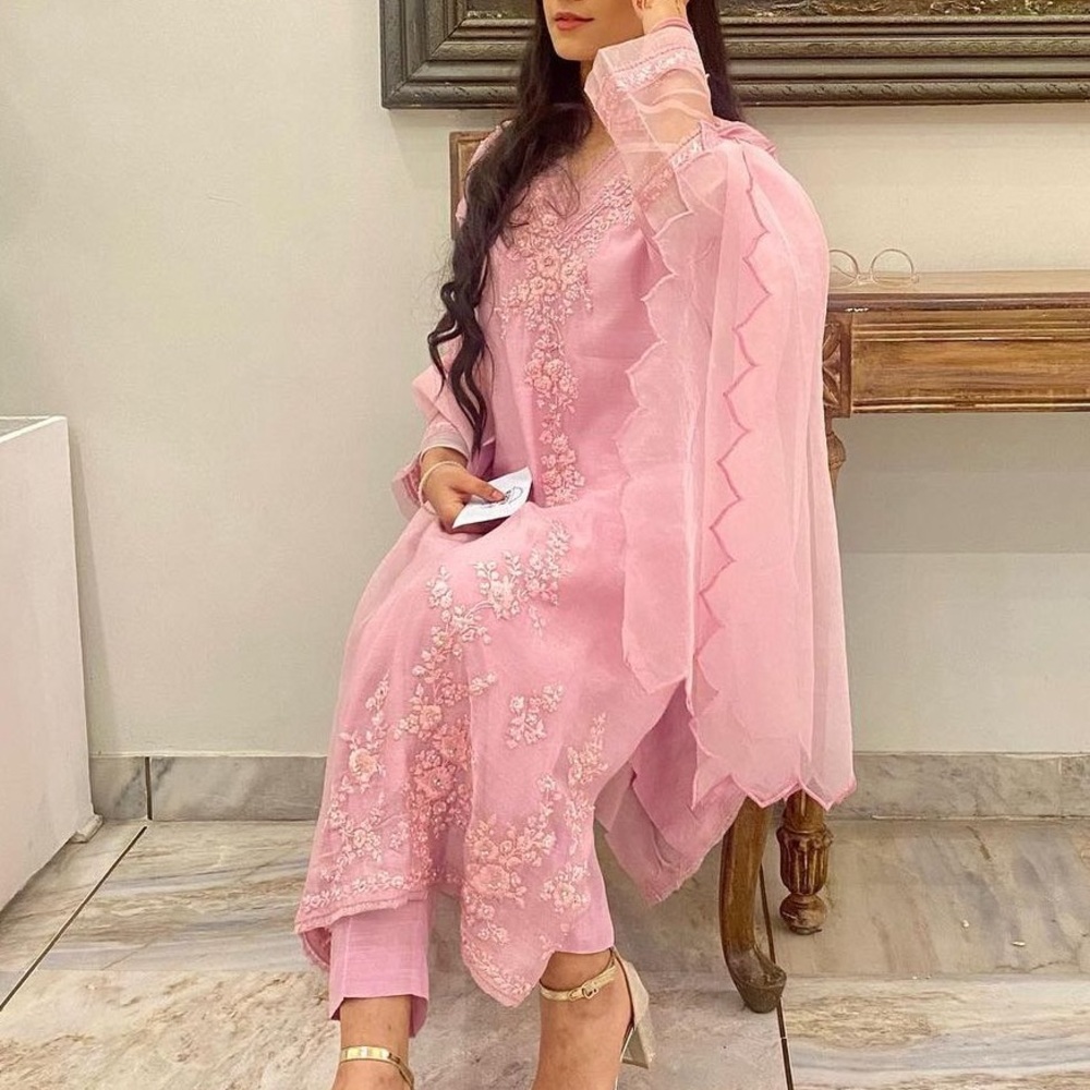 Exquisite pearl embroidery pink Dress desi princess EID